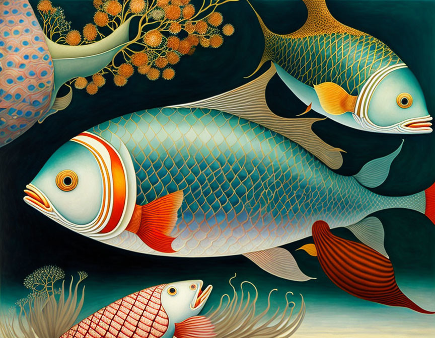 Vibrant Stylized Fish in Aquatic Scene on Dark Teal Background