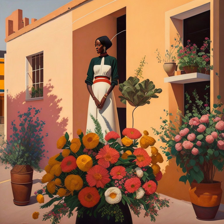 Digital painting of woman with colorful flowers by pink building