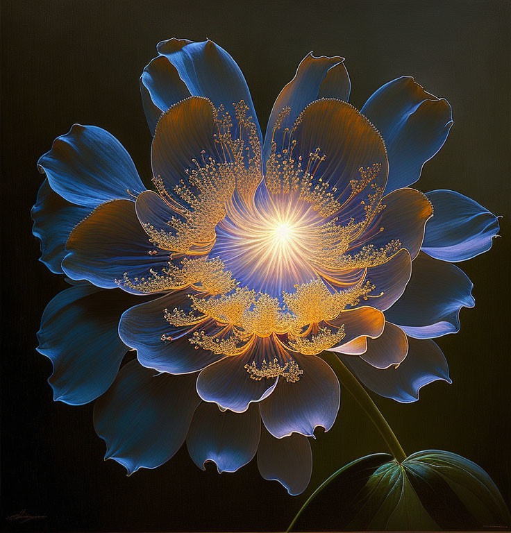 Vibrant digital art: Blue flower with luminous center on dark background