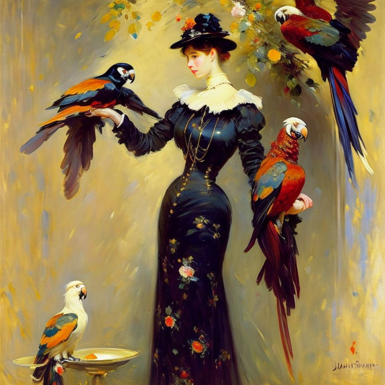 Victorian woman with vibrant parrots in soft backdrop