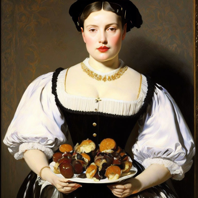 Traditional attire woman holding pastries in black corset and gold choker