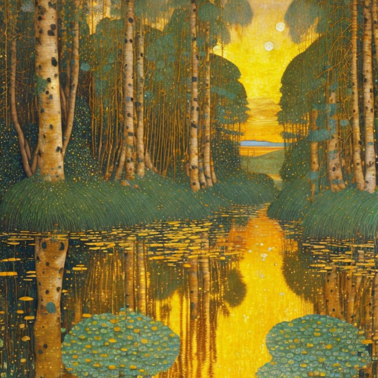 Golden forest painting with slender trees and lily pads at sunrise.