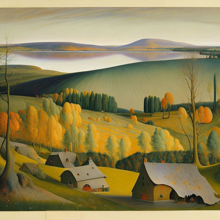 Stylized autumnal rural landscape with rolling hills and vibrant trees