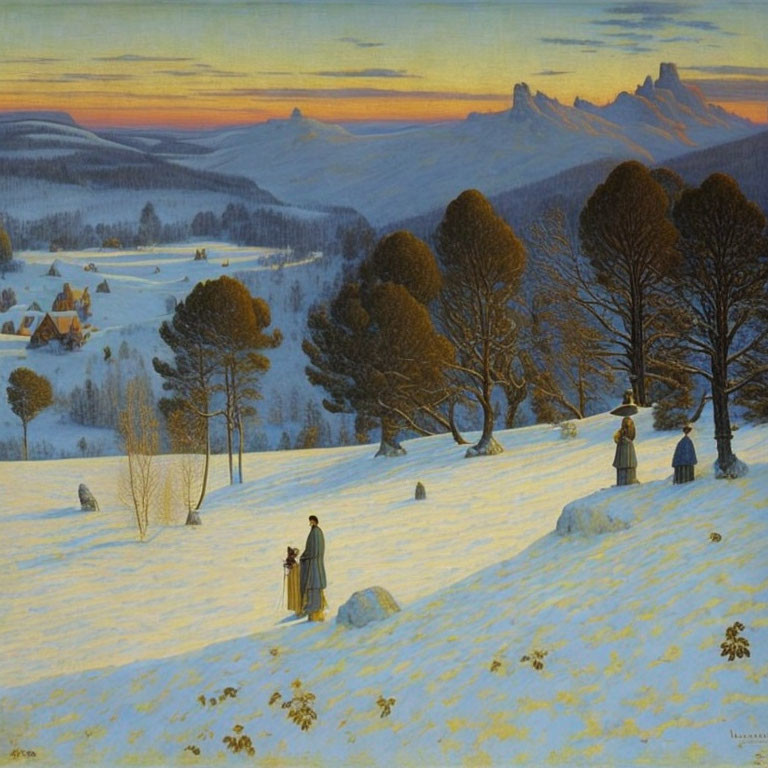 Winter Twilight Landscape: Snowy Hills, Bare Trees, Village, Sunset Sky