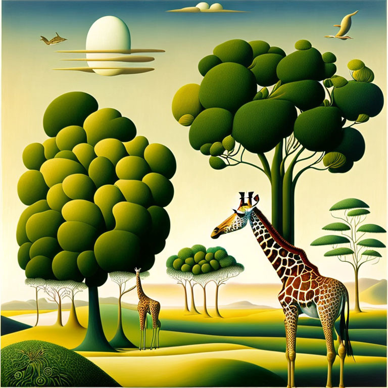 Surreal landscape with stylized trees, giraffes, and flying birds