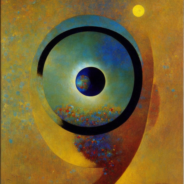 Blue and Black Eye Form on Yellow-Orange Abstract Painting