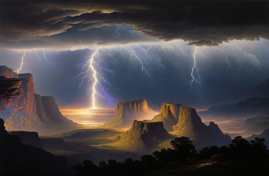 Dramatic landscape with lightning strikes and towering rock formations