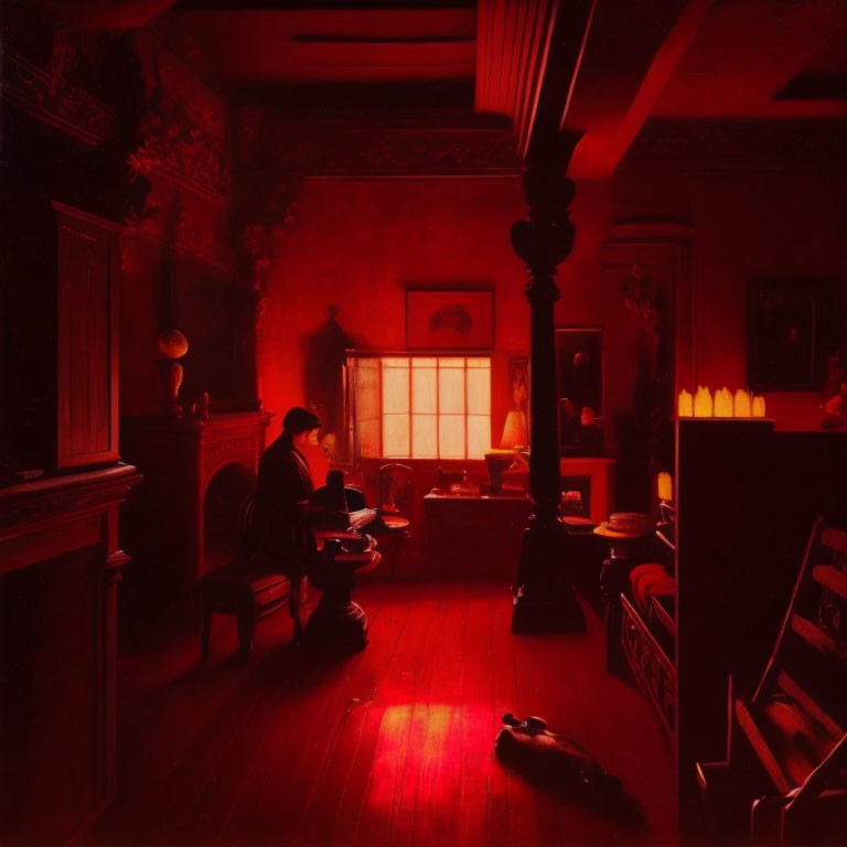 Victorian room with red hues, person writing at desk, candles, ornate decor