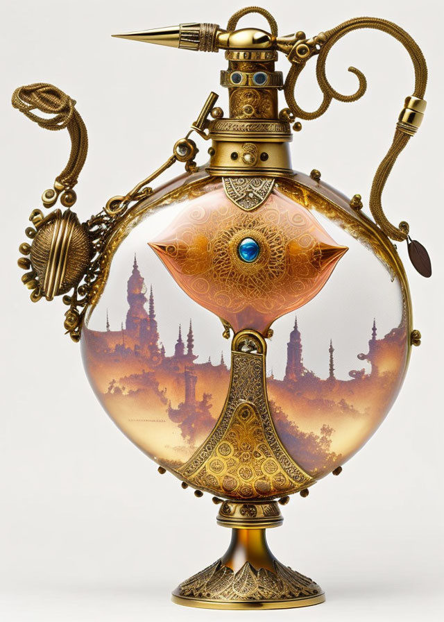 Steampunk-style Flask with Gold Patterns and Castle Landscape