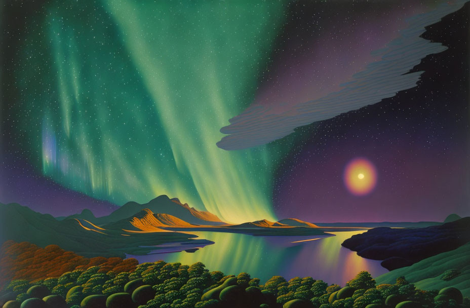 Landscape painting of northern lights over lake and hills