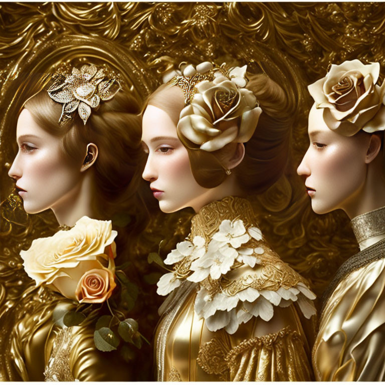 Three women in gold costumes with roses in hair on intricate floral backdrop