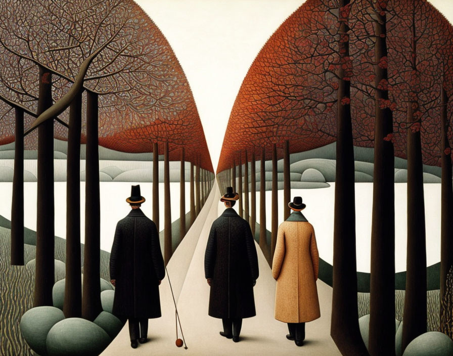 Three individuals in bowler hats walking on path with barren trees in red and grey hues