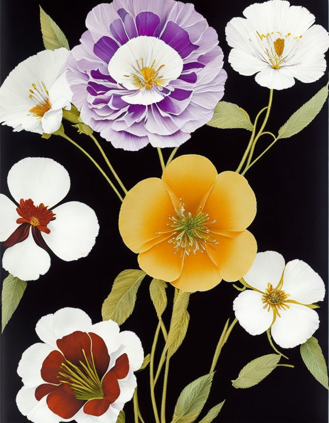 Colorful Botanical Illustration of White, Purple, and Orange Flowers on Dark Background