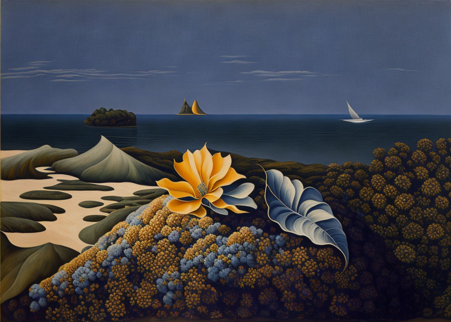 Surreal landscape: large orange flower, leaf, sandy dunes, tide pools, sailboats