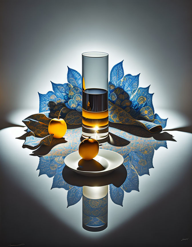 Glass of Amber Liquid, Golden Fruits, Blue Leaves on Reflective Surface