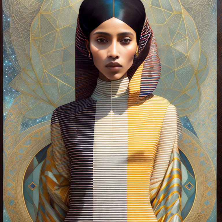 Digital portrait of woman in stylized clothing with gold and blue geometric patterns background.