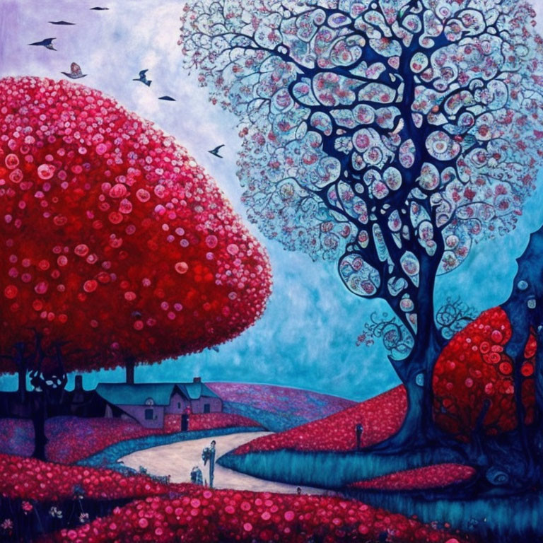 Colorful fantasy painting: red tree, heart-shaped leaves, winding path, quaint house, flying birds