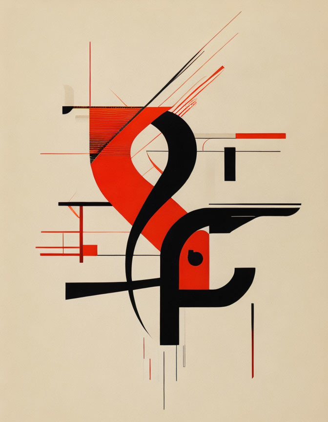 Geometric Abstract Art: Red and Black Figure Amid Dynamic Lines