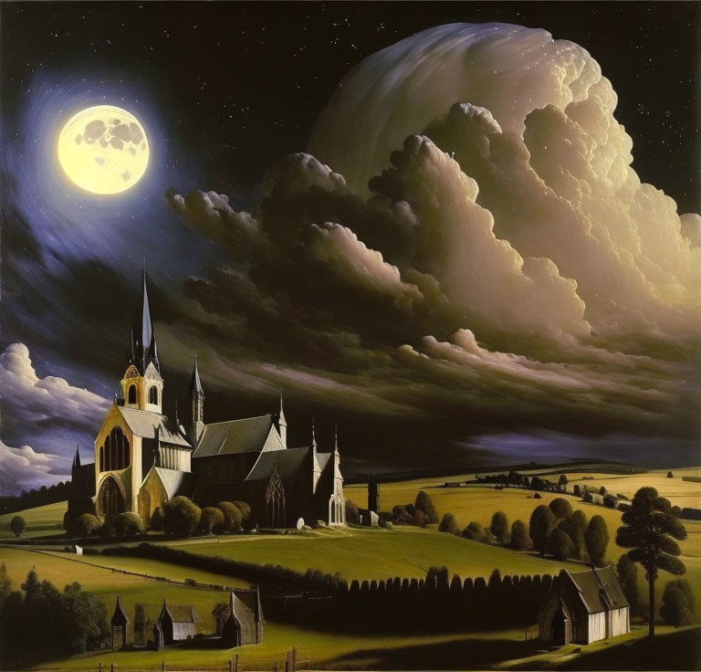 Surreal gothic church painting under night sky
