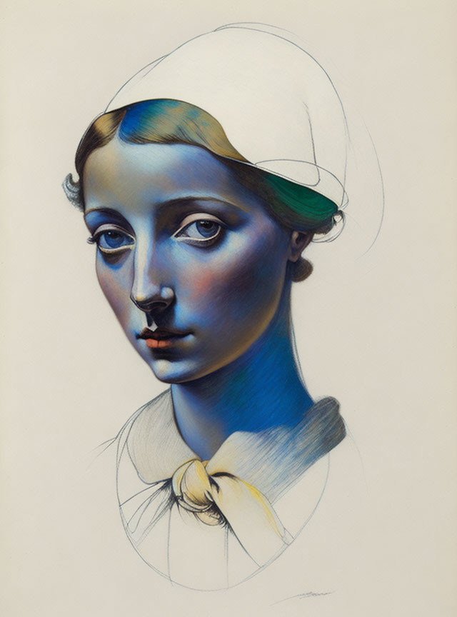 Pale-skinned woman in blue-shadowed features, white headscarf, blue dress, and yellow