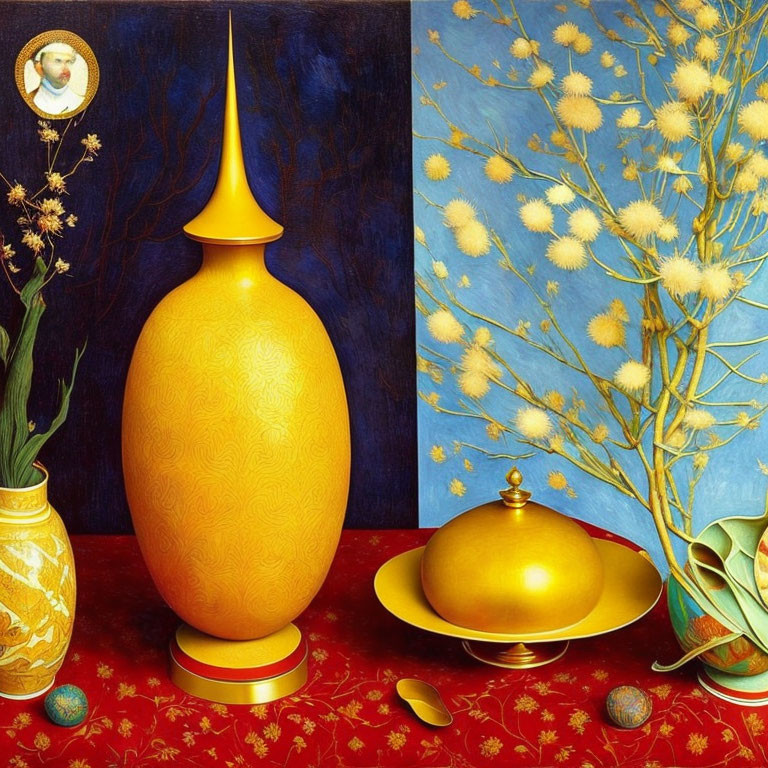 Colorful still life painting with golden vase and blue background