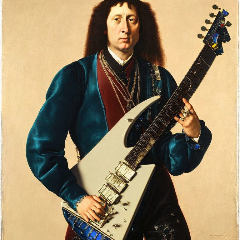 Modern Portrait with Historical Attire and Electric Guitar