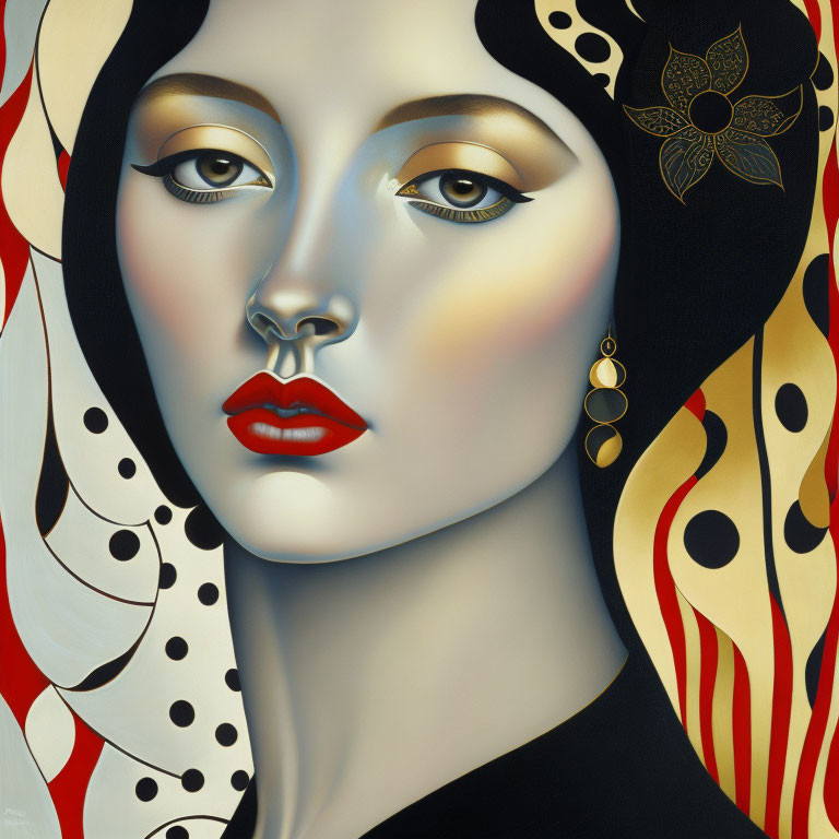 Stylized woman's face with red lips, golden earrings, and black/red headpiece.