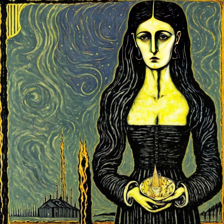 Stylized illustration: Starry Night blend with solemn female figure holding glowing object