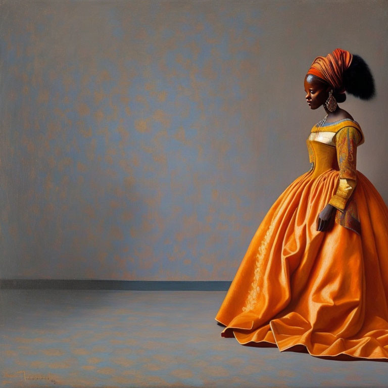 Elegant woman in orange dress against grey background exudes poise