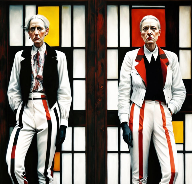 Stylized portraits of a man in white suit with red and black accents against paneled windows with