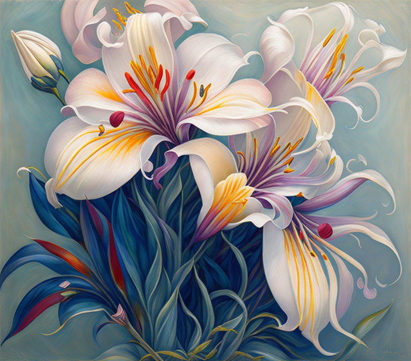 Colorful White and Pink Lilies Painting with Green Leaves on Soft Background