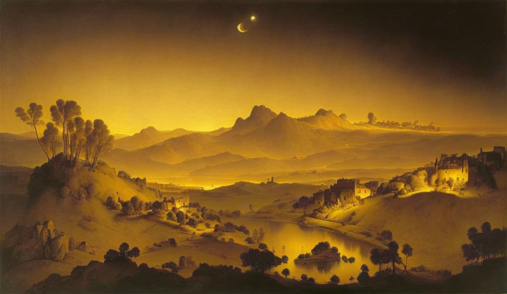 Crescent moon over serene valley with mountains, river, trees, and ruins