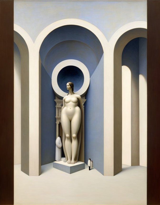 Serene painting of nude female statue in architectural setting