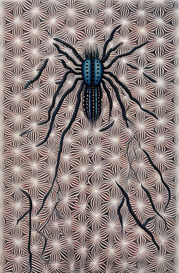 Blue Spider with Black and White Accents on Pink and Brown Floral Background