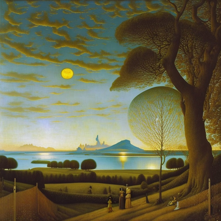 Surreal landscape with patterned clouds, yellow moon, rounded trees, and stylized figures