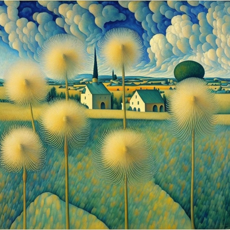 Stylized painting of oversized dandelion-like plants and village scenery