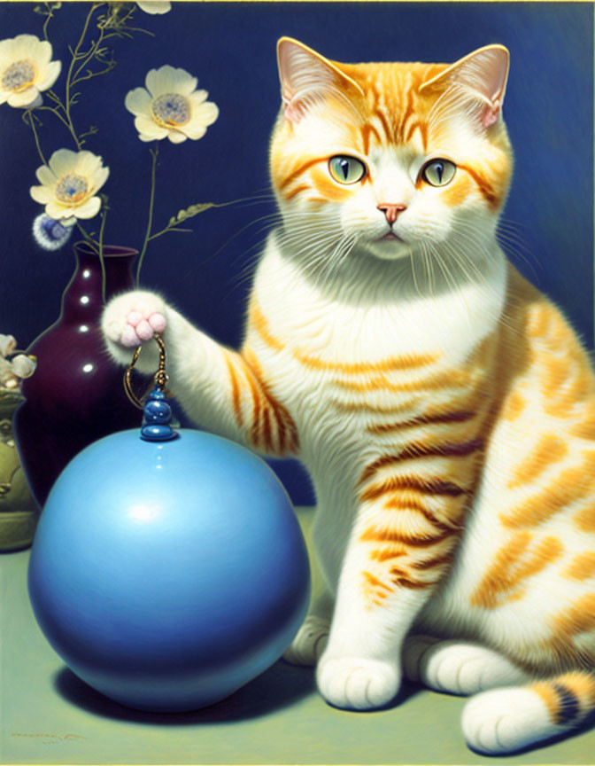 Illustrated orange and white striped cat with yellow eyes tapping a blue pendulum ball next to white flowers