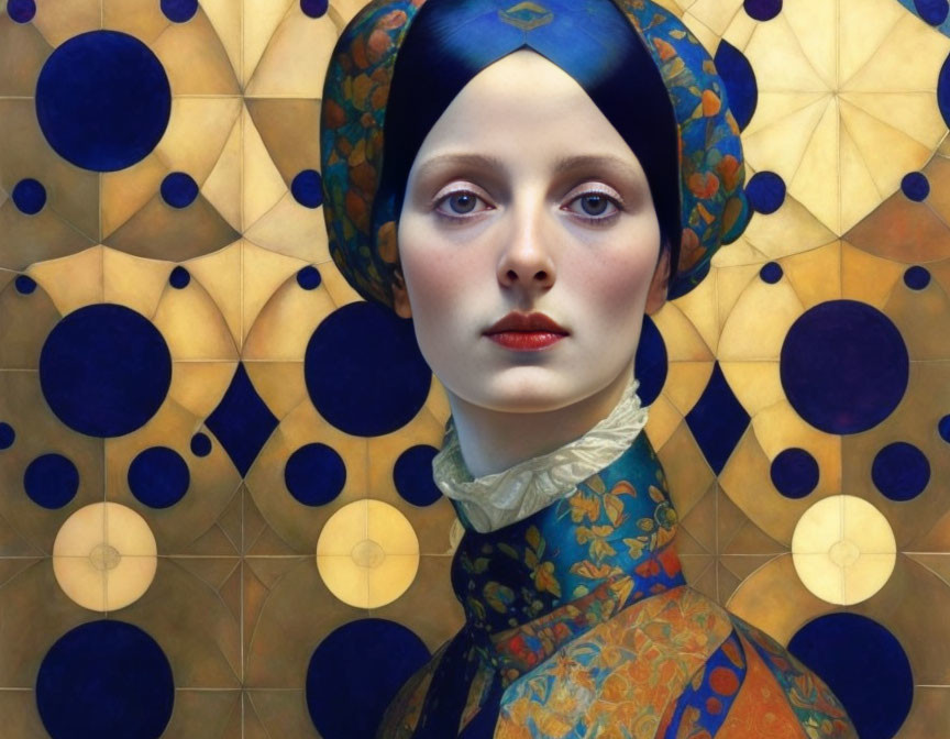 Portrait of Woman with Pale Skin and Blue Headwear Against Blue and Gold Mosaic Background