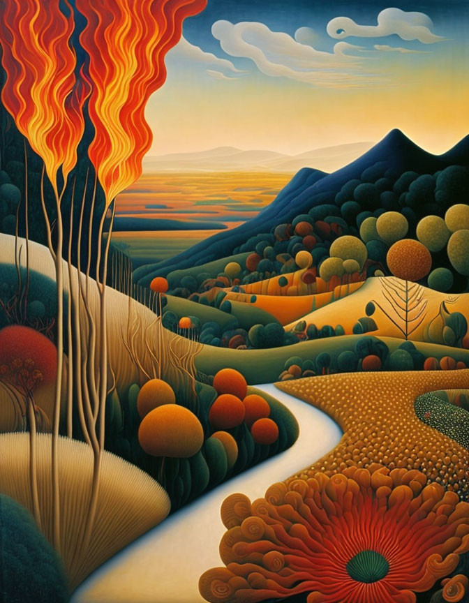 Vibrant landscape painting with rolling hills, river, fiery trees, and surreal vegetation.