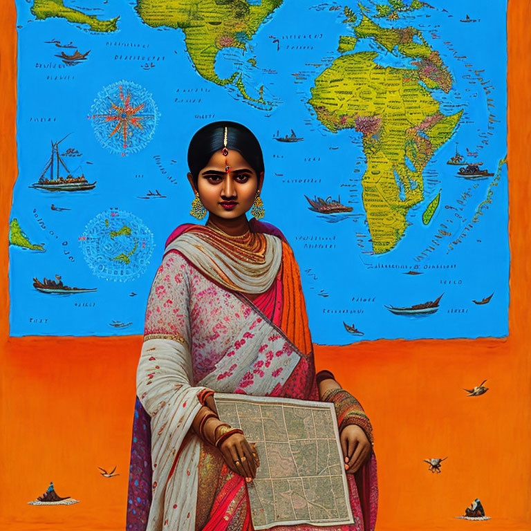 Traditional South Asian Attire Woman with Navigational Chart and World Map