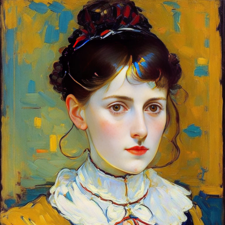 Portrait of a young woman with dark hair and ruffled collar