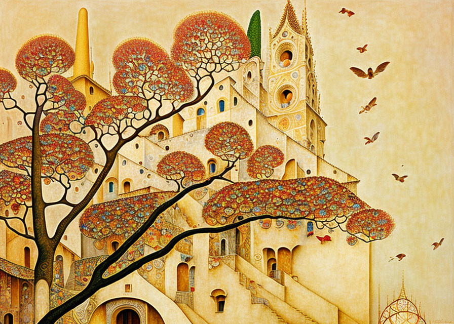 Whimsical painting of a golden castle with intricate trees and birds