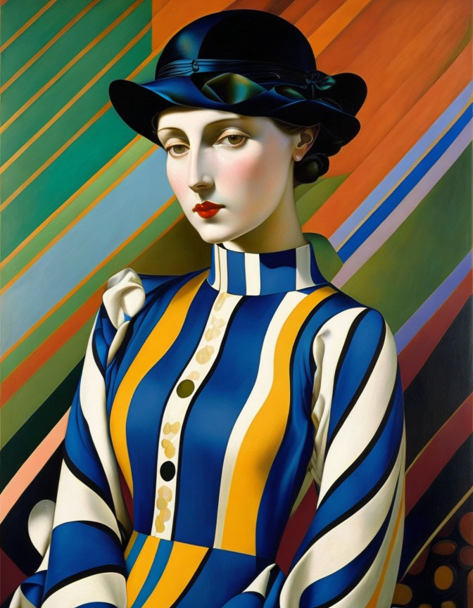 Stylized woman in striped dress and hat on colorful background