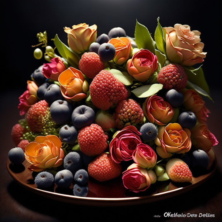 Fruit and Flower Edible Arrangement on Dark Background