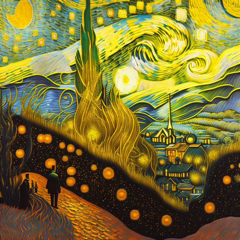 Vibrant starry night painting with crescent moon, village, cypress tree, and figures