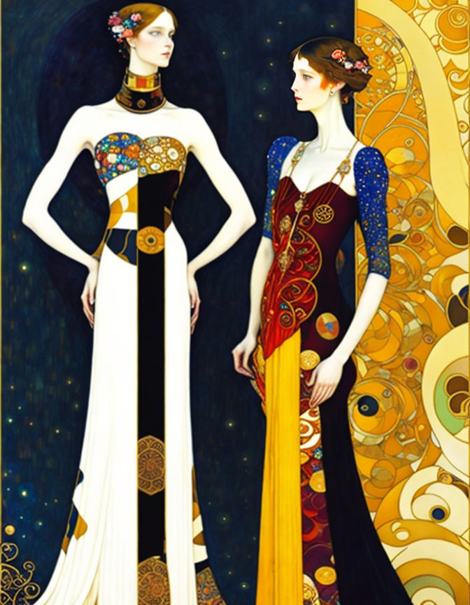 Stylized women in Art Nouveau-inspired dresses with intricate patterns