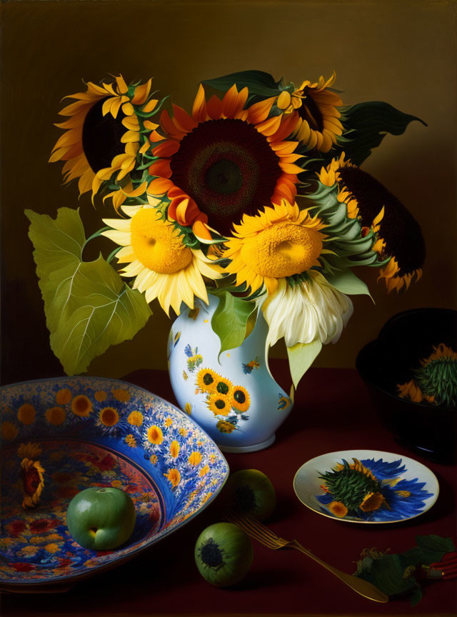 Vibrant sunflowers, green apple, and reflections on tabletop