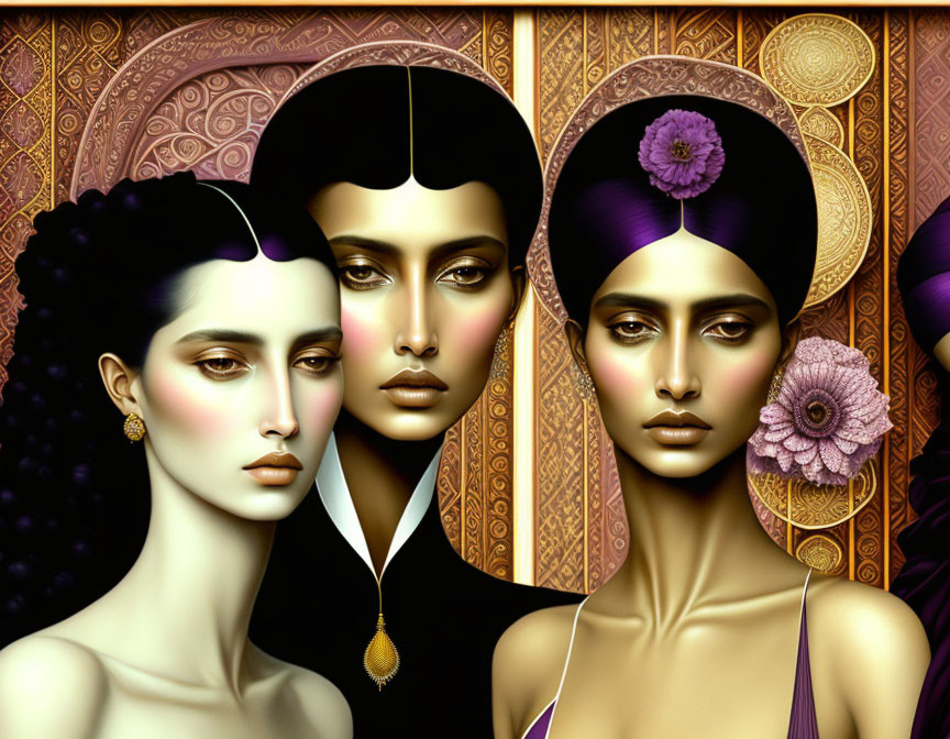 Stylized women with unique headdresses and makeup on golden patterned background