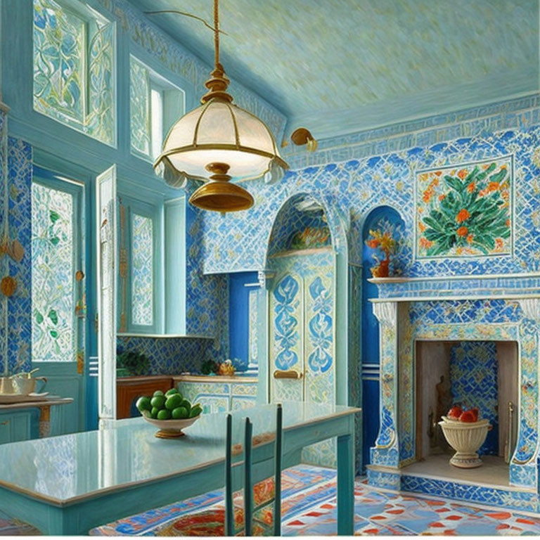 Blue-patterned tiled kitchen with chandelier, fireplace, and green fruit bowl