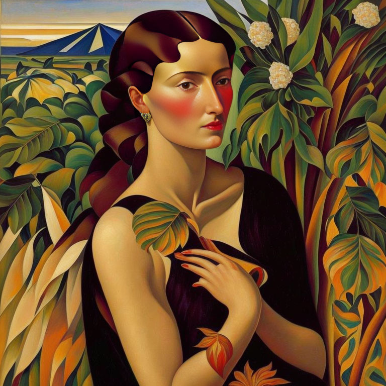 Surreal Art Deco style portrait of woman in lush greenery